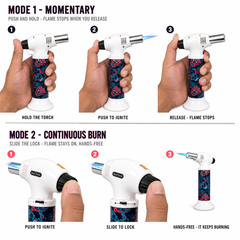 Soul Lighters Sugar Skull Roses Cigar Torch Lighter – White Housing, 1300°C Piezo Flame, Continuous-Burn Lock, Stand-Up (15.5 cm)