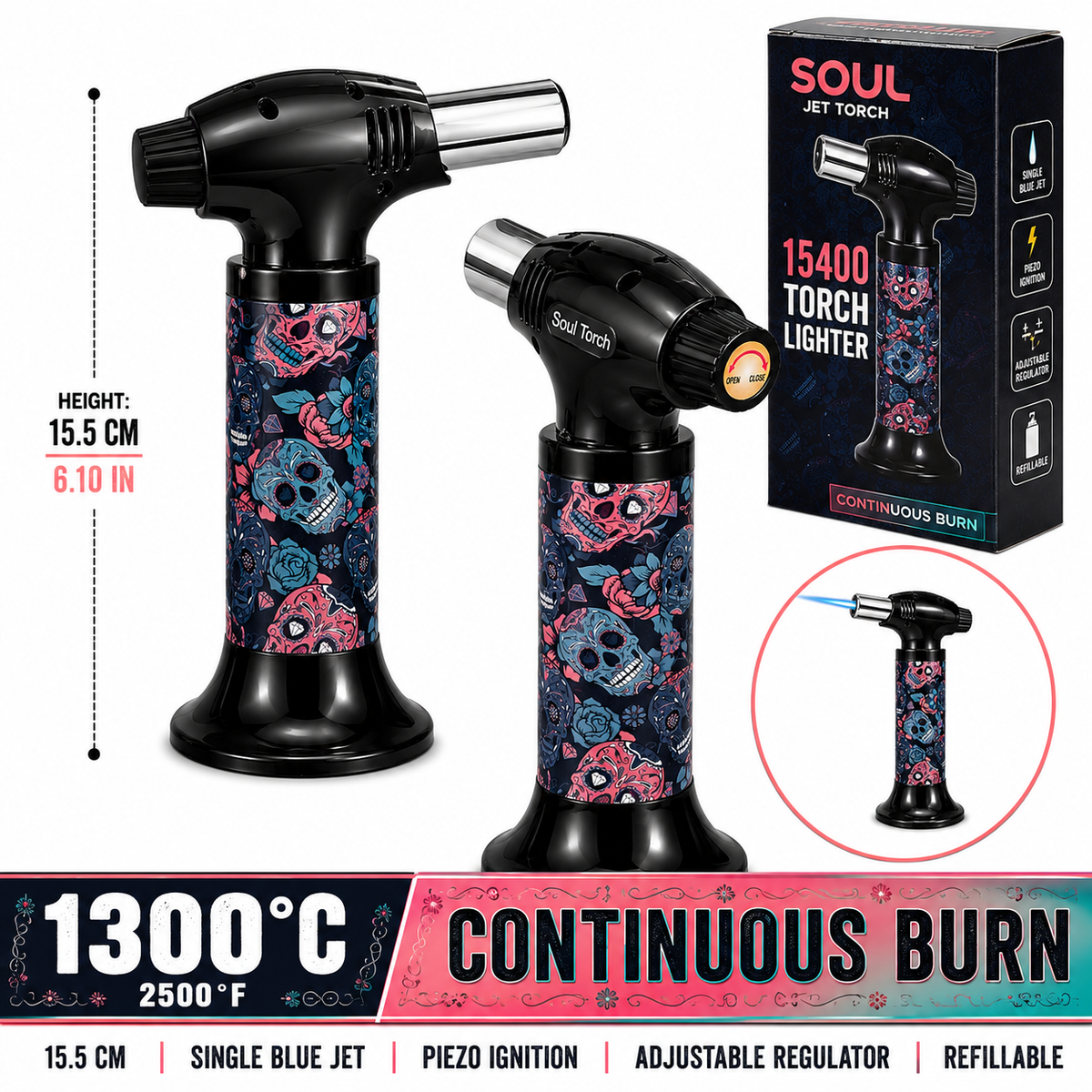 Soul Lighters Sugar Skull Roses cigar torch lighter, black housing, 1300C piezo, 15.5 cm