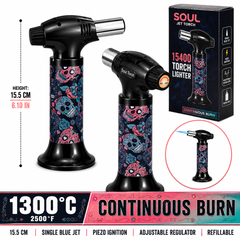 Soul Lighters Sugar Skull Roses cigar torch lighter, black housing, 1300C piezo, 15.5 cm