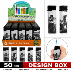 Soul Lighters Vintage Biker Pocket Torch Lighter, refillable windproof flame, Box of 50