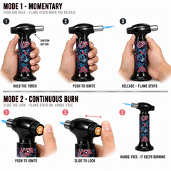 Soul Lighters Sugar Skull Roses Cigar Torch Lighter – Black Housing, 1300°C Piezo Flame, Continuous-Burn Lock, Stand-Up (15.5 cm)