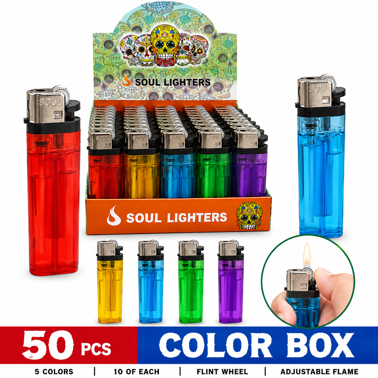 Soul Lighters Transparent Disposable Flame Lighter, 5 colours, Box of 50