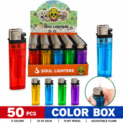 Soul Lighters Transparent Disposable Flame Lighter, 5 colours, Box of 50