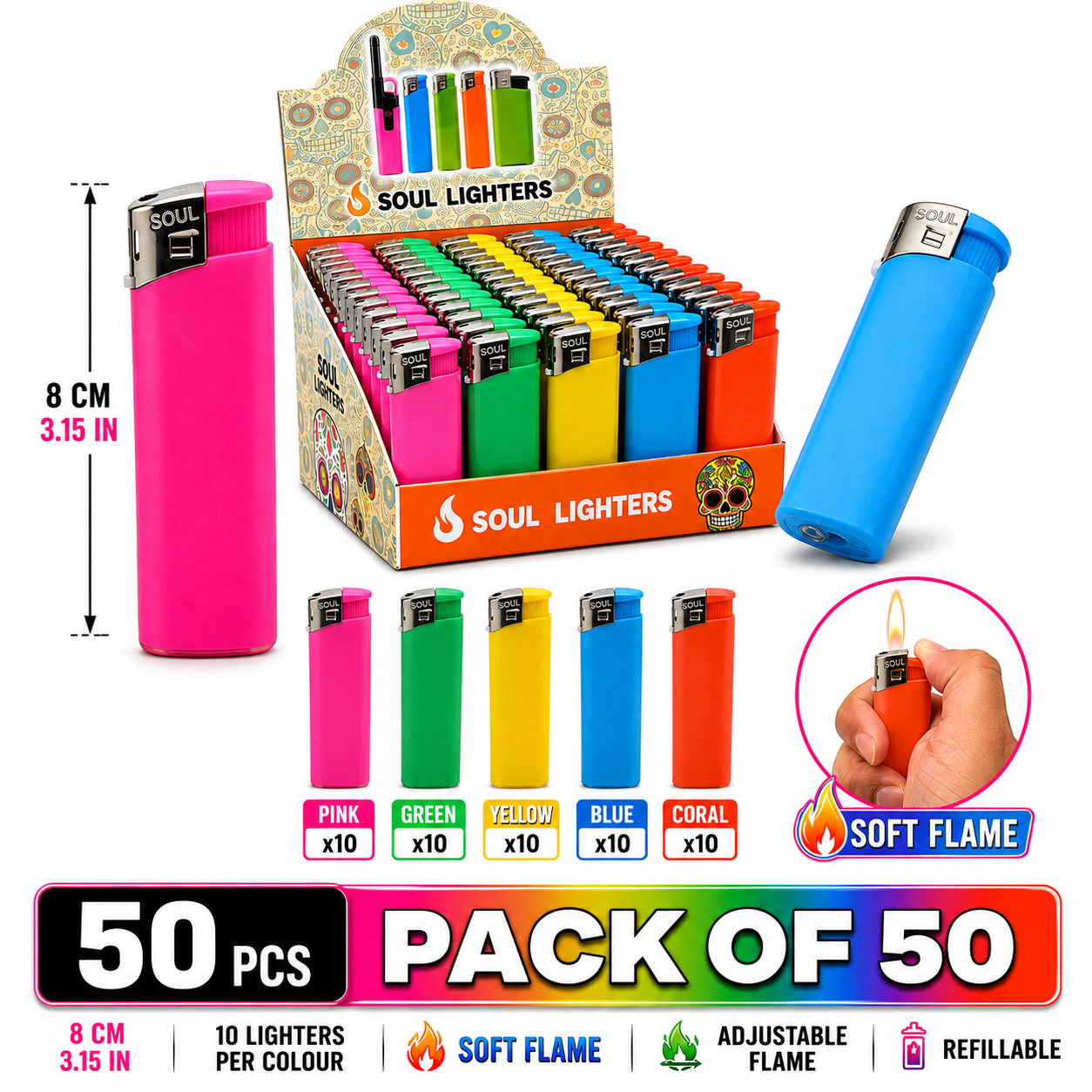 Soul Lighters Solid Neon Colour Pocket Flame Lighter, 5 colours, Box of 50