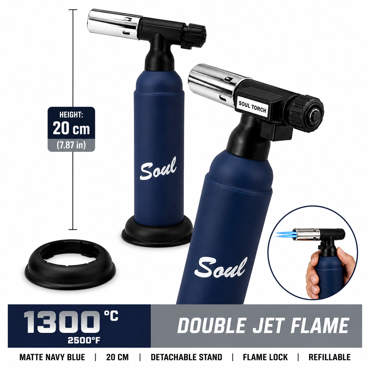 Soul Lighters Ember Double-Jet culinary butane torch, matte navy blue, 20 cm, detachable stand