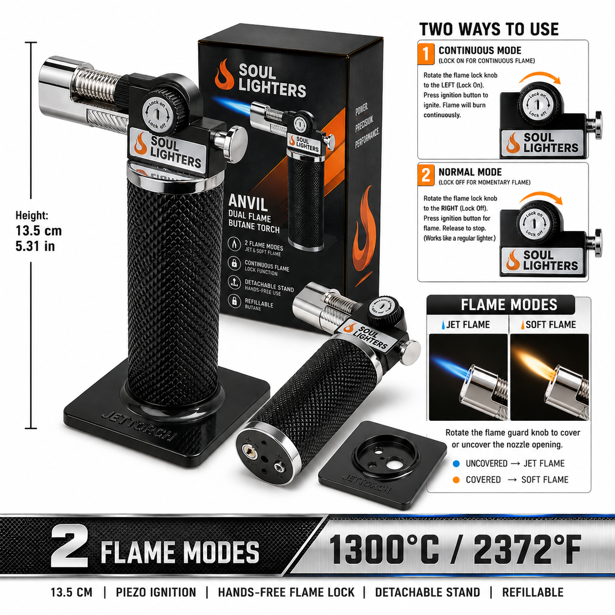 Soul Lighters Anvil dual-flame butane torch, blue jet and soft yellow, detachable stand, 13.5 cm