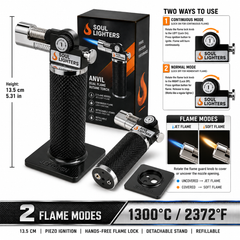 Soul Lighters Anvil dual-flame butane torch, blue jet and soft yellow, detachable stand, 13.5 cm