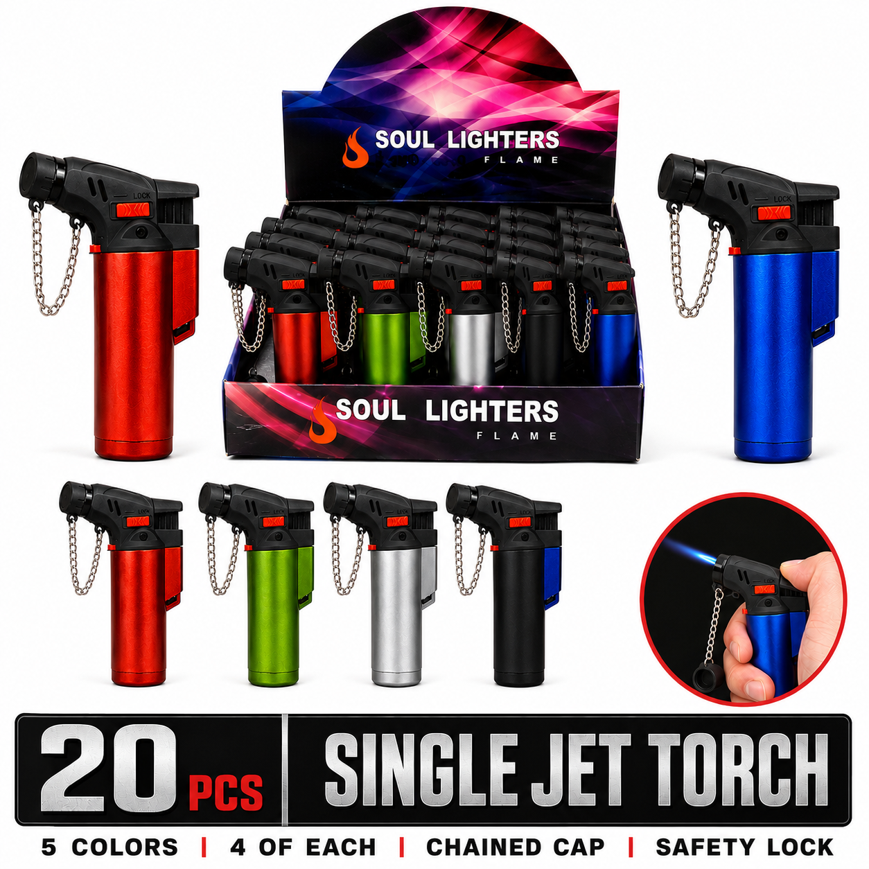 Soul Lighters Mini Single-Jet Torch Lighter, 5 solid colours, chain cap, Pack of 20