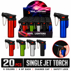 Soul Lighters Mini Single-Jet Torch Lighter, 5 solid colours, chain cap, Pack of 20