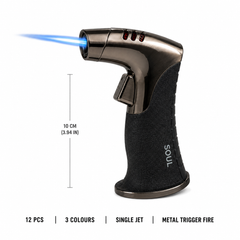 Soul Lighters Hammerhead Single-Jet Torch Lighter – Heavy Metal Build, Cantilevered Curved Burner Head, Trigger Ignition, 3 Colours (12-Count Display)