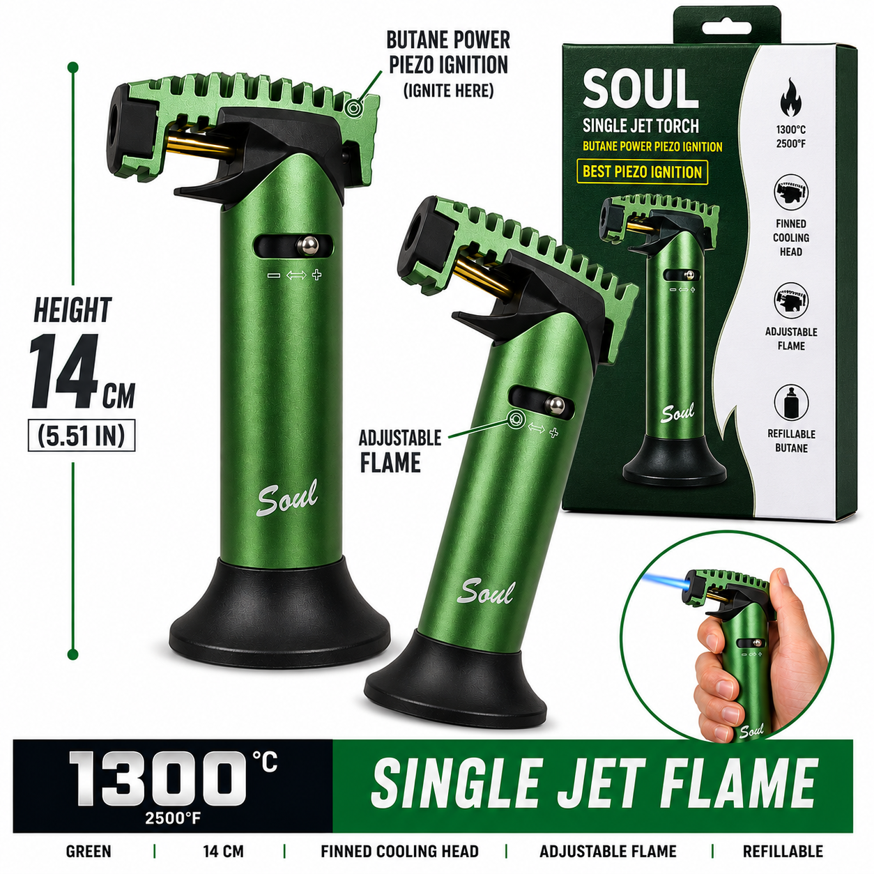 Soul Lighters Ridgeback single-jet butane torch lighter, green, finned head, 14 cm