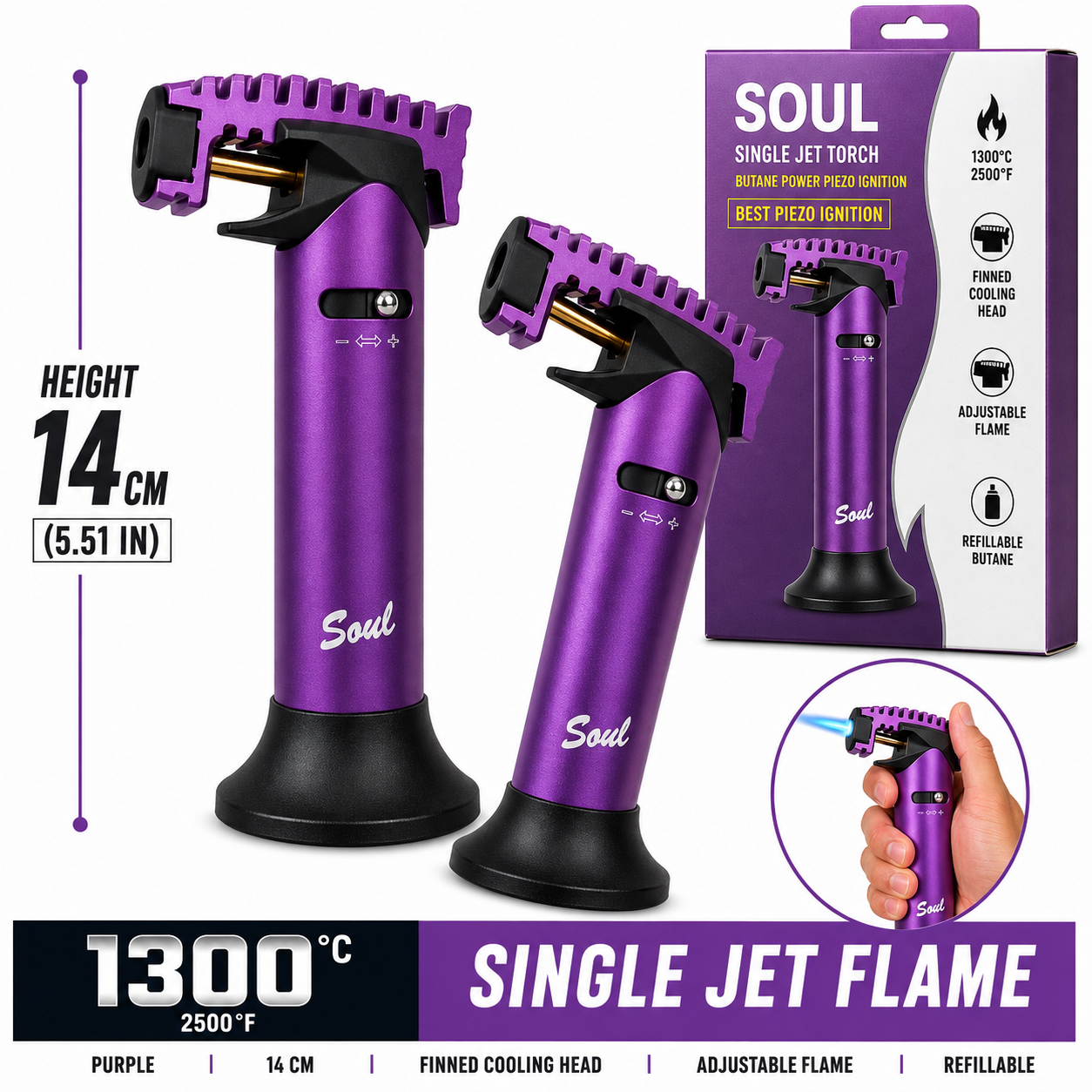 Soul Lighters Ridgeback single-jet butane torch lighter, purple, finned head, 14 cm