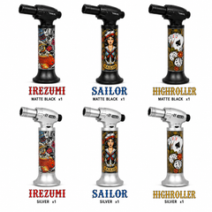 Soul Lighters 19400 Inked Tattoo-Art Single-Jet Butane Torch Lighter – 1300°C, Continuous Flame Lock, Piezo, 3 Designs in Matte Black & Silver (Box of 6, 13.5 cm)
