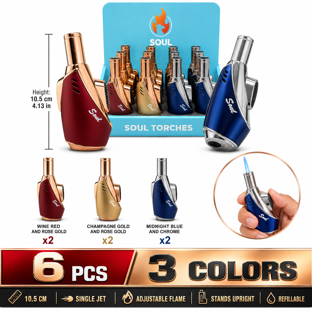 Soul Lighters Blowtorch Single-Jet Torch Lighter, two-tone metallic, 3 colours, 6-count
