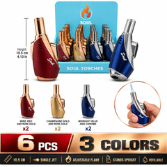 Soul Lighters Blowtorch Single-Jet Torch Lighter, two-tone metallic, 3 colours, 6-count