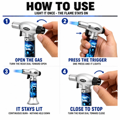 Soul Lighters Triton Wraith Triple-Jet Butane Torch Lighter – Pistol-Grip, 1300°C, Continuous Burn, Skull Prints (Box of 8, 15 cm)