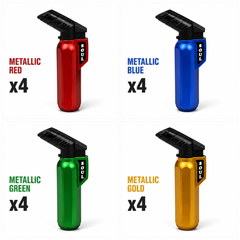 Soul Lighters Small-Size Refillable Torch Lighter – Solid Metallic: Red, Green, Gold & Blue, Auto-Flip Cap (Display Pack of 16, 4 Colours)