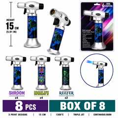 Soul Lighters Triton Necro cannabis-skull triple-jet pistol-grip butane torch lighter box of 8, 15 cm