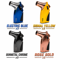 Soul Lighters Turbine Triple-Jet Torch Lighter – Sculpted Fin-Grip Body, Flared Turbine-Cone Nozzle, Ignition Safety Lock, 4 Colours (12-Count Display)
