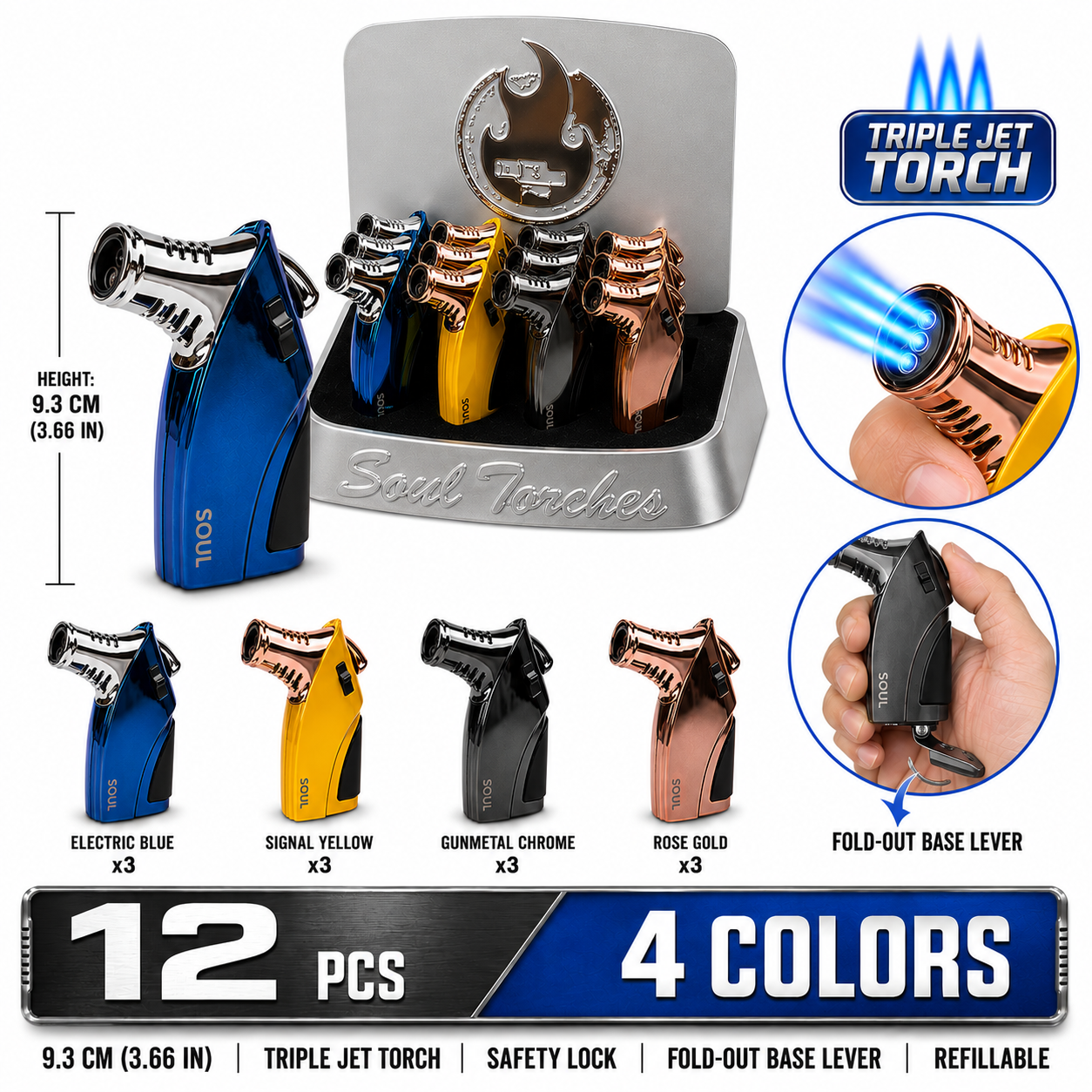 Soul Lighters Turbine Triple-Jet torch lighter, fin-grip body, 4 colours, 12-count