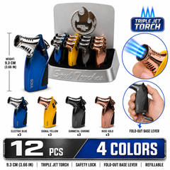 Soul Lighters Turbine Triple-Jet torch lighter, fin-grip body, 4 colours, 12-count