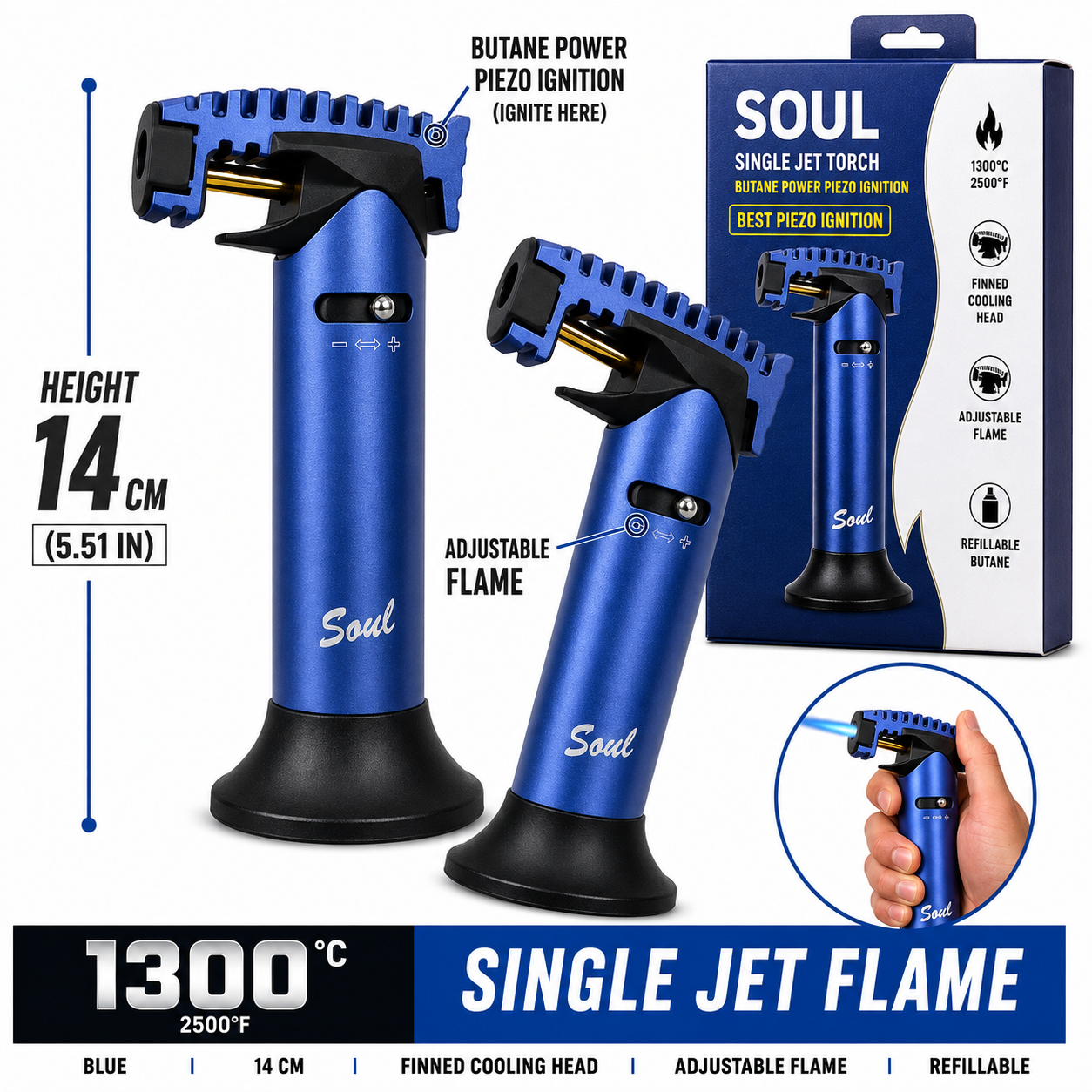 Soul Lighters Ridgeback single-jet butane torch lighter, blue, finned head, 14 cm