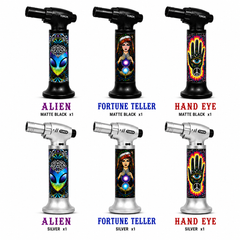 Soul Lighters 19400 Cosmic Third-Eye Single-Jet Butane Torch Lighter – 1300°C, Continuous Flame Lock, Piezo, 3 Designs in Matte Black & Silver (Box of 6, 13.5 cm)