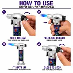 Soul Lighters Triton Necro Cannabis-Skull Triple-Jet Butane Torch Lighter – Pistol-Grip, 1300°C, Continuous Burn (Box of 8, 15 cm)