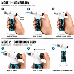 Soul Lighters Gas Mask Graffiti Cigar Torch Lighter – White Housing, 1300°C Piezo Flame, Continuous-Burn Lock, Stand-Up (15.5 cm)