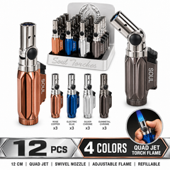 Soul Lighters Obelisk Quad-Jet torch lighter, faceted mirror-chrome, swivel nozzle, 4 colours