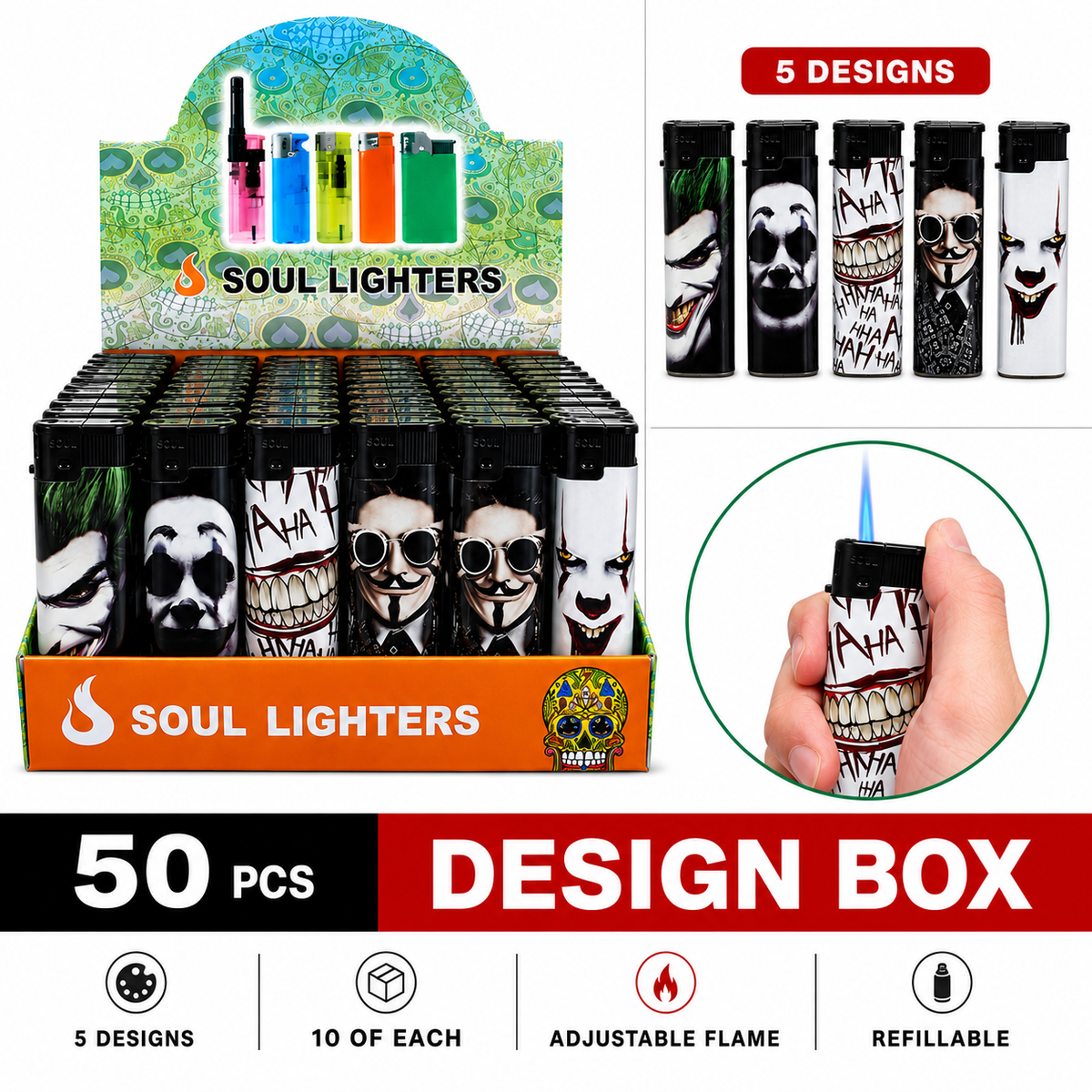 Soul Lighters Villain & Horror Faces Pocket Torch Lighter, refillable windproof flame, Box of 50