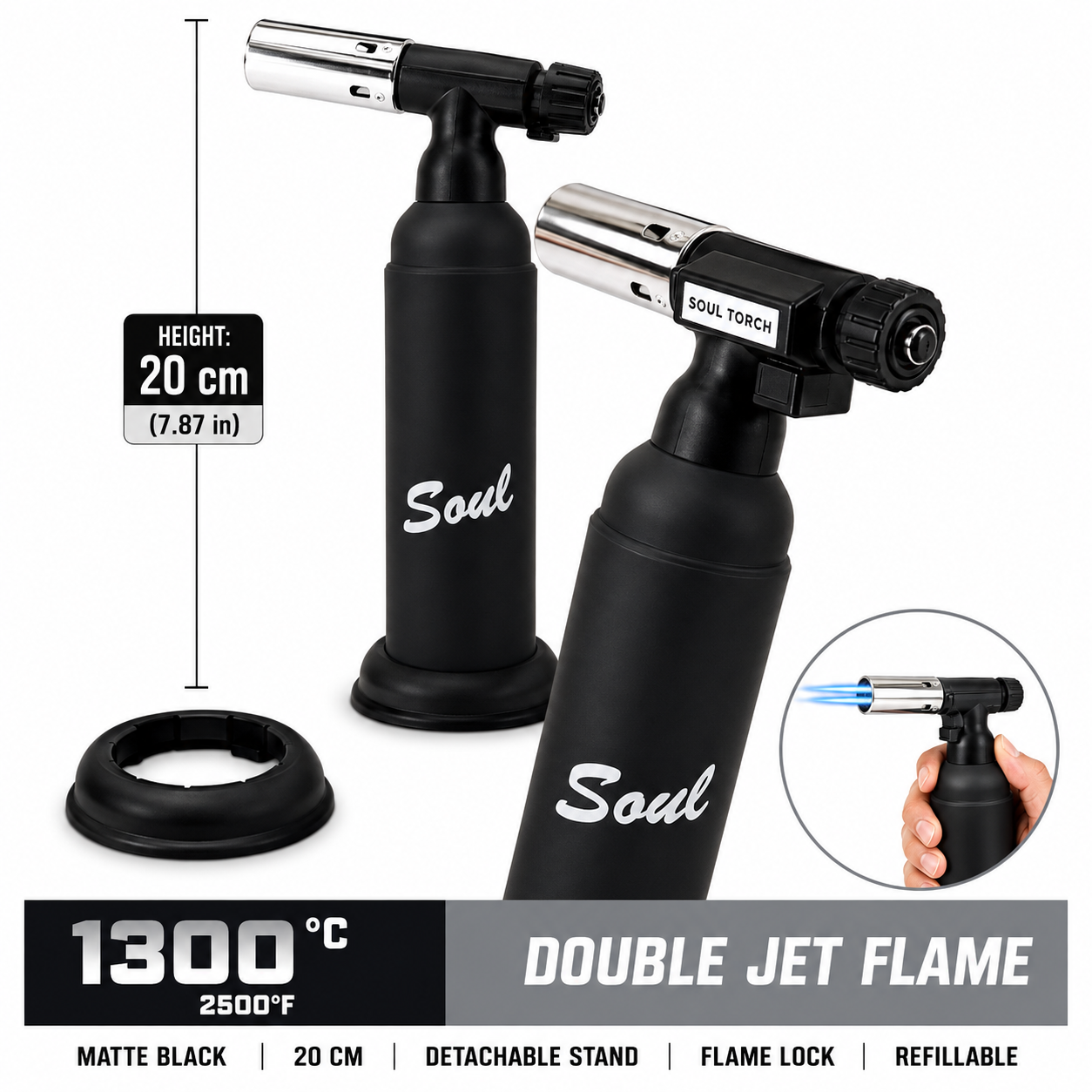 Soul Lighters Ember Double-Jet culinary butane torch, matte black, 20 cm, detachable stand