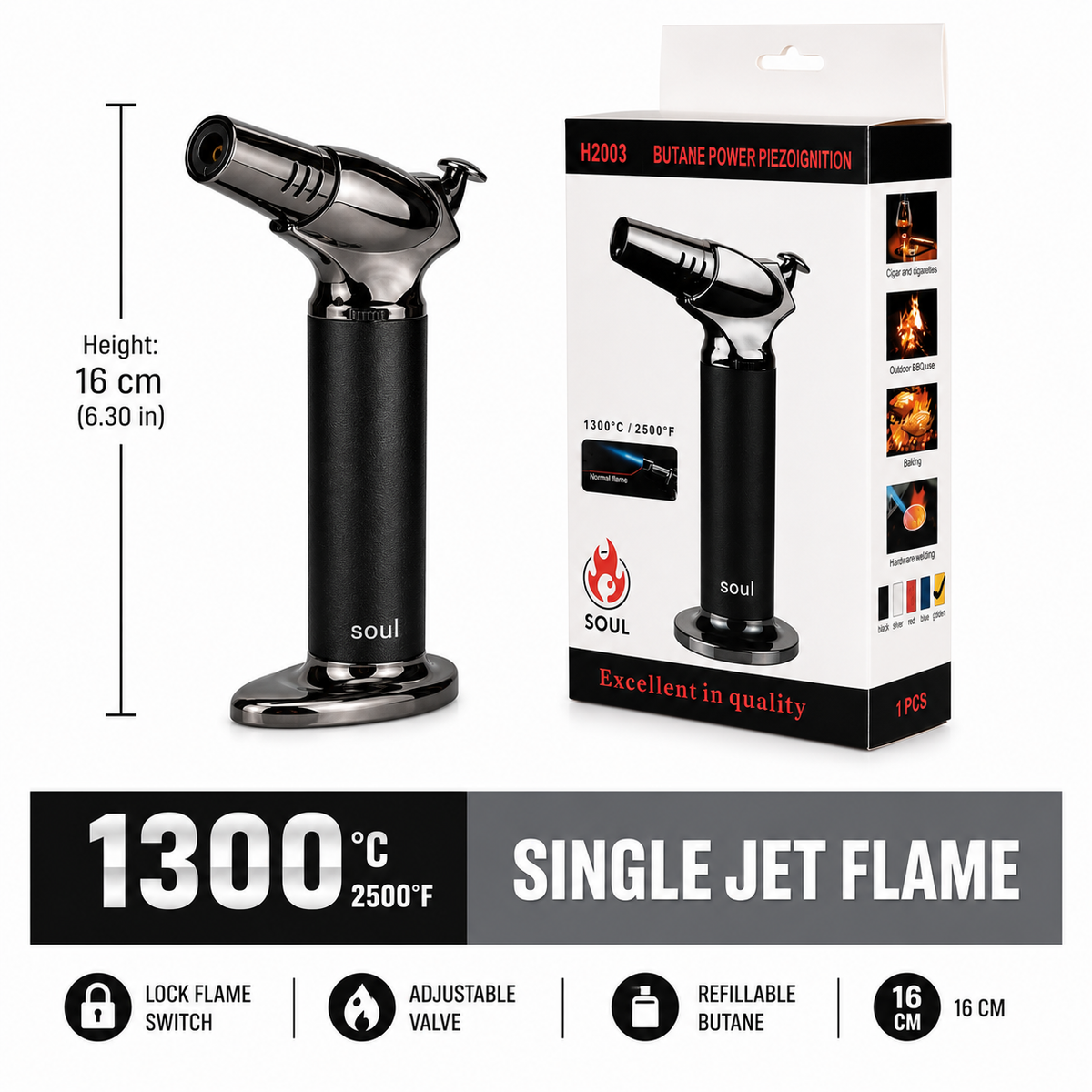 Soul Lighters Turret chrome table torch lighter, black, 16 cm pedestal, 1300C