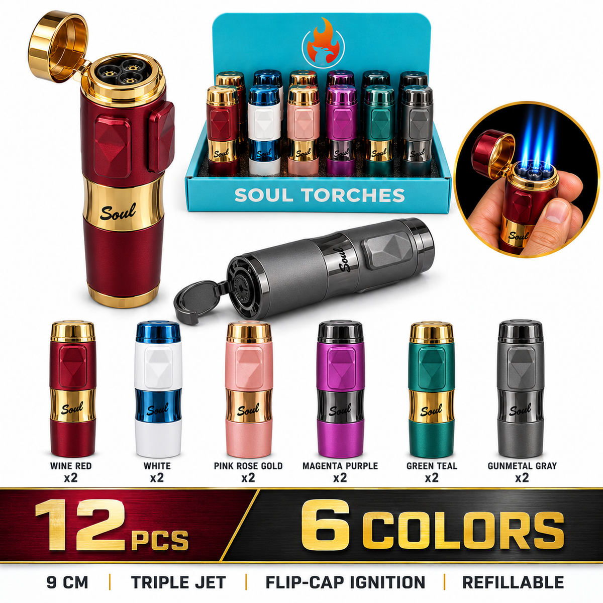 Soul Lighters Premium Bullet-Style Triple-Jet Torch Lighter, 6 colours, 12-count display