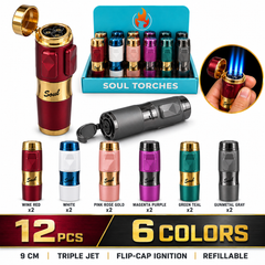 Soul Lighters Premium Bullet-Style Triple-Jet Torch Lighter, 6 colours, 12-count display