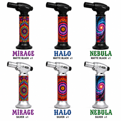 Soul Lighters 19400 Kaleido Psychedelic Single-Jet Butane Torch Lighter – 1300°C, Continuous Flame Lock, Piezo, 3 Designs in Matte Black & Silver (Box of 6, 13.5 cm)