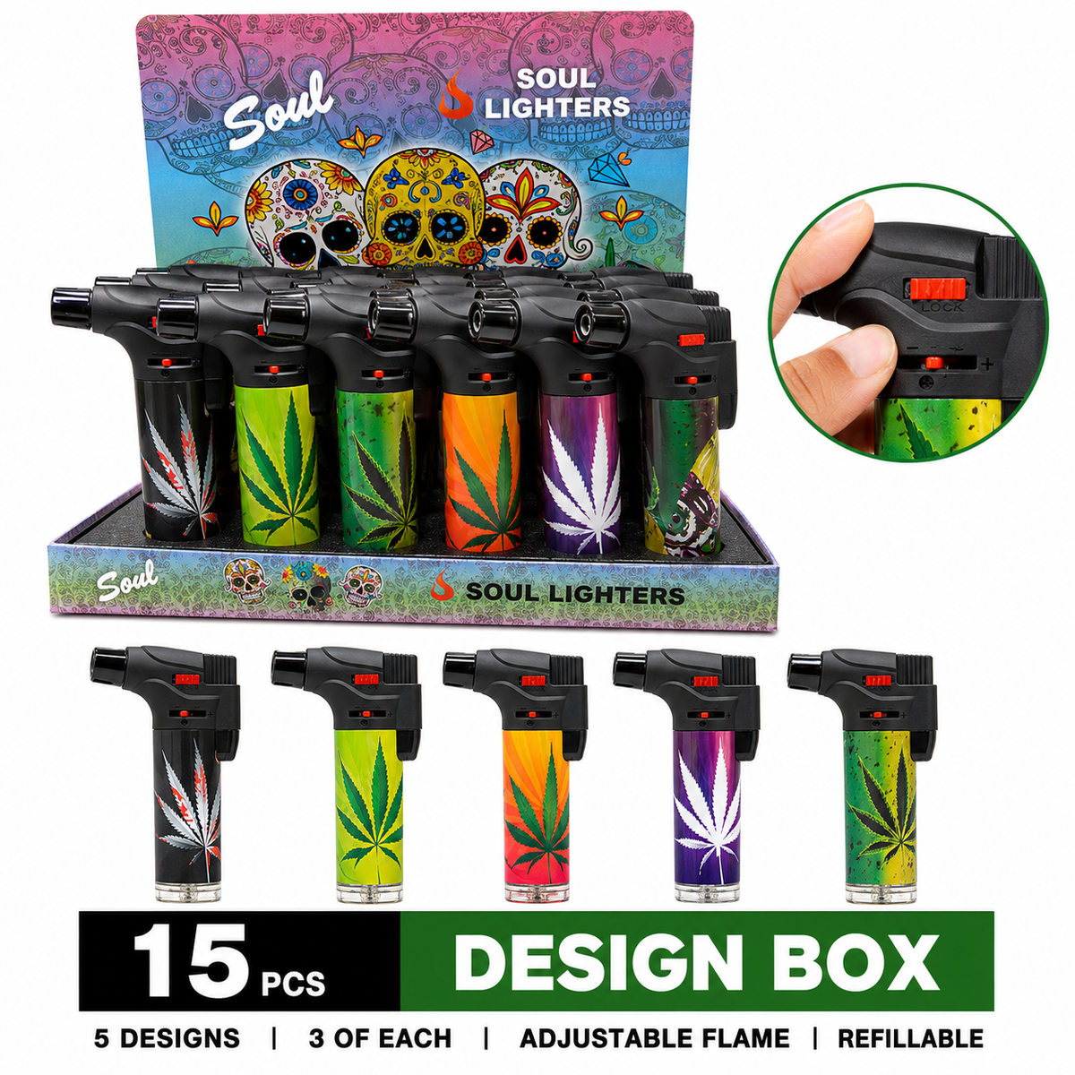 Soul Lighters Leaf Print Refillable Jet Torch Lighter, Windproof Single Flame, Display Box of 15