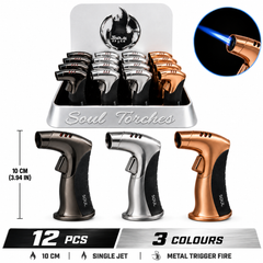 Soul Lighters Hammerhead Single-Jet metal torch lighter, cantilevered head, 3 colours, 12-count