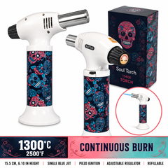 Soul Lighters Sugar Skull Roses Cigar Torch Lighter – White Housing, 1300°C Piezo Flame, Continuous-Burn Lock, Stand-Up (15.5 cm)