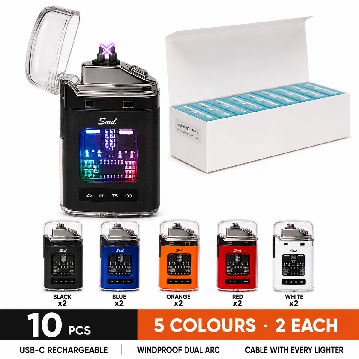 Soul Lighters Pulse Arc - USB-C Rechargeable Electric Arc Lighter, Flameless Dual Plasma, Windproof, 5 Colours (Display Box of 10)