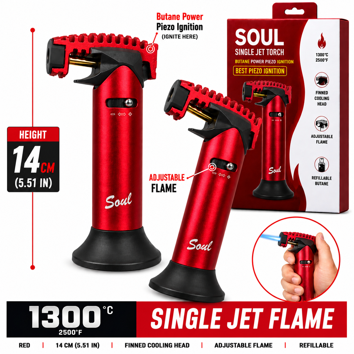 Soul Lighters Ridgeback single-jet butane torch lighter, red, finned head, 14 cm