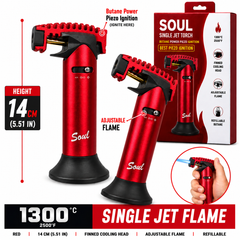 Soul Lighters Ridgeback single-jet butane torch lighter, red, finned head, 14 cm