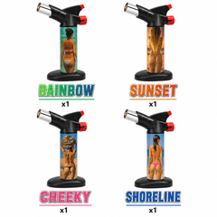 Soul Lighters Titan Beach Pin-Up Dual-Jet Butane Torch Lighter – Swimwear Print Assortment, 1300°C High-Output, Continuous Burn, Piezo, Auto-Lock Valve (Box of 4, 20 cm)