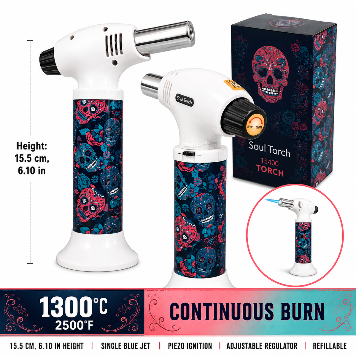 Soul Lighters Sugar Skull Roses cigar torch lighter, white housing, 1300C piezo, 15.5 cm