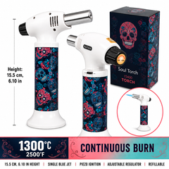 Soul Lighters Sugar Skull Roses cigar torch lighter, white housing, 1300C piezo, 15.5 cm