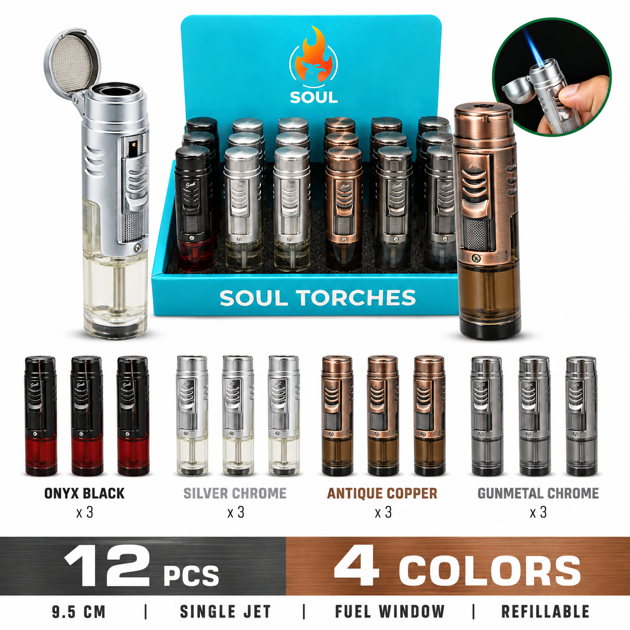 Soul Lighters Transparent-Tube Single-Jet torch lighter, clear tank, 4 colours, 12-count
