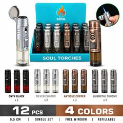 Soul Lighters Transparent-Tube Single-Jet torch lighter, clear tank, 4 colours, 12-count