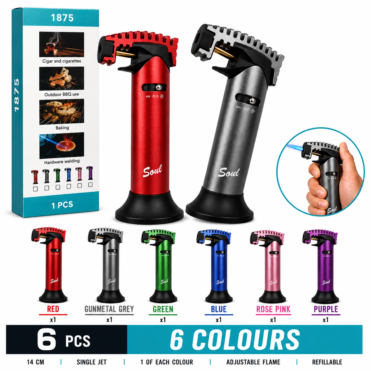 Soul Lighters Ridgeback single-jet butane torch lighter box of 6, six colours, 14 cm