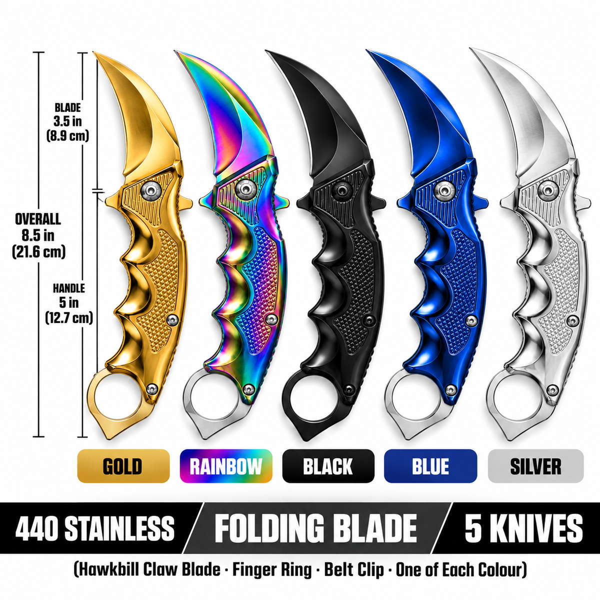 Folding Pocket Karambit 8.5" (21.6 cm) Hawkbill Knife, Pack of 5 Assorted Colours (Gold, Rainbow, Black, Blue, Silver), 3.5" 440 Stainless Steel Blade, Finger Ring, with Belt Clip