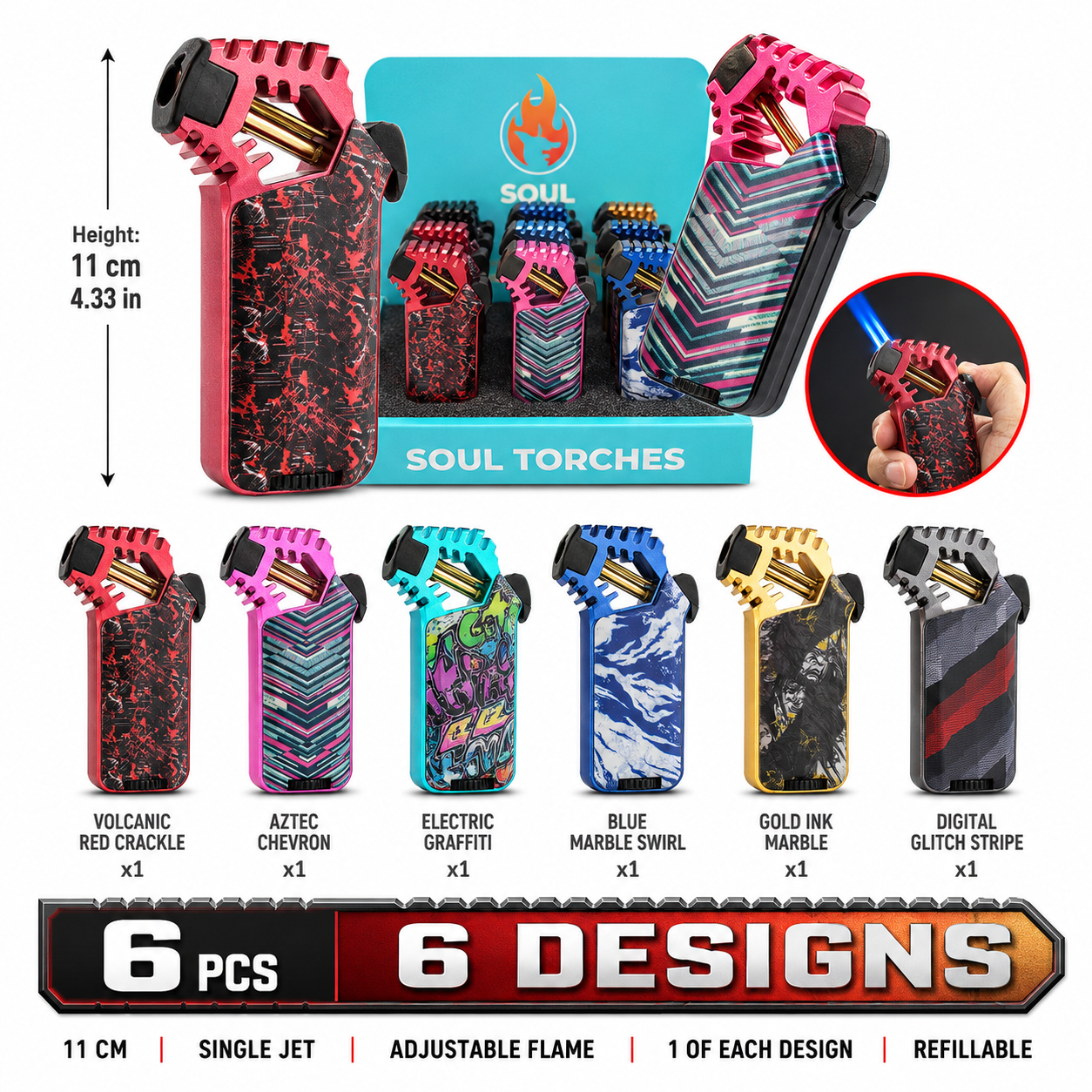 Soul Lighters Dragon Twin-Jet Torch Lighter, sculpted dragon head, 6 designs, 6-count